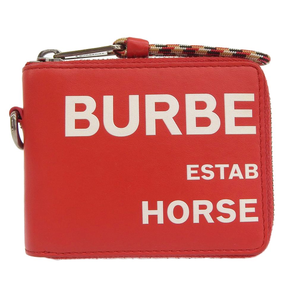 超 バーバリー 商品 ホースフェリープリント レザー ラウンドジップ ウォレット 二つ折り財布 小銭 レッド ユニ 定価63800円