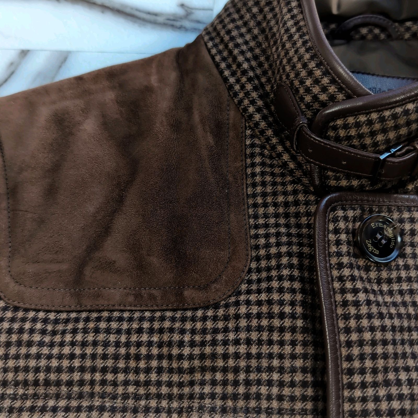 Ermenegildo Zegna ウールカシミヤツイード ハウンドトゥース レザーパイピング ショルダースエード キルティングベスト ツイードベスト パフベスト 52 L ririジップ ハンティングベスト