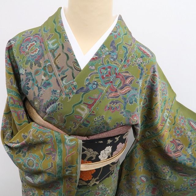 新品 前田仁仙 落款 更紗 着物“永遠に咲き誇る”仕付け糸付 訪問着 5492 新品 前田仁仙 落款 更紗 着物 正絹 仕付け糸付 お召訪問着 3118