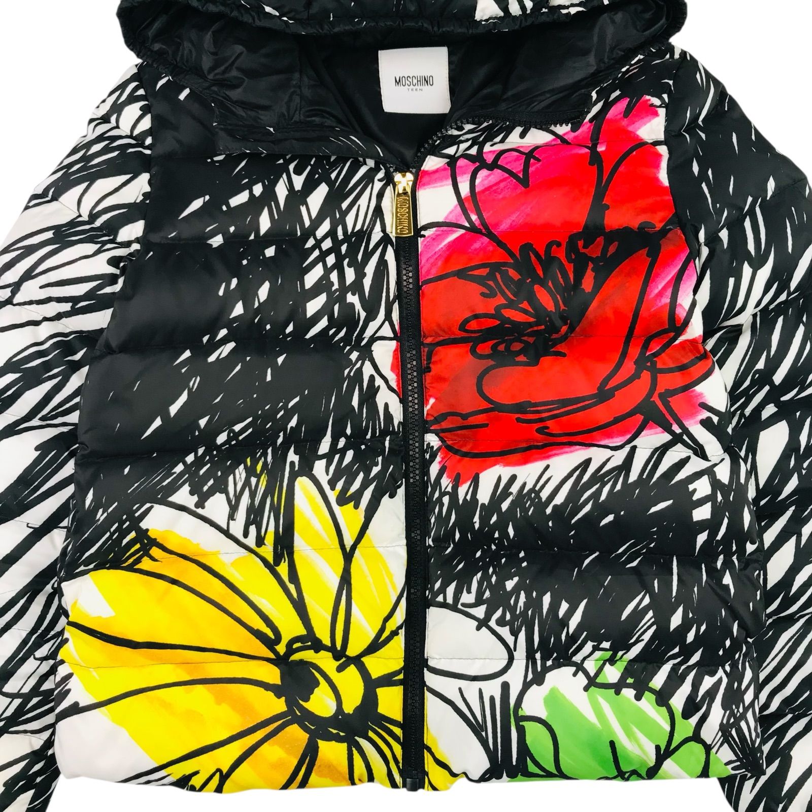 モスキーノ ユニセックス チルドレン ペイントフラワー総柄 メタルブランドロゴ刻印ジップ フード付き ダウンジャケット 10 140㎝ キッズダウンジャケット 秋冬物 カジュアル ブランド アウター