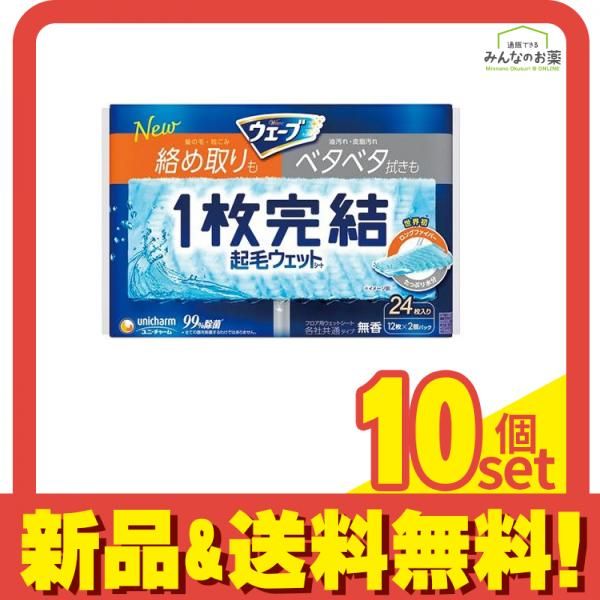 ウェーブ 1枚完結 起毛ウェットシート 無香 24枚入 12枚×2個パック 10個セット