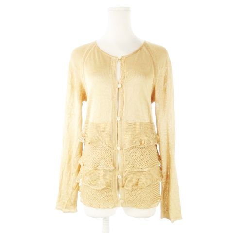 ロエベ LOEWE カーディガン ニット ラウンドネック 長袖 切替 ティアード 光沢感 M ベージュ CK 14 GY 11