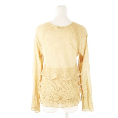 ロエベ LOEWE カーディガン ニット ラウンドネック 長袖 切替 ティアード 光沢感 M ベージュ CK14 GY11