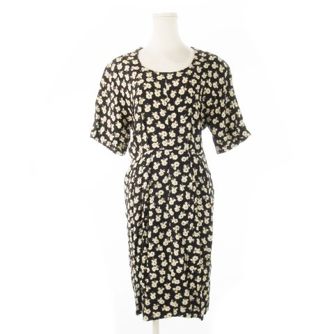 サルヴァトーレフェラガモ Salvatore Ferragamo シルクワンピース ひざ丈 半袖 切替 タック ジャカードドット 花柄 42 M 黒 ブラック CK13 GY18