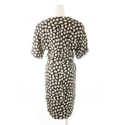 サルヴァトーレフェラガモ Salvatore Ferragamo シルクワンピース ひざ丈 半袖 切替 タック ジャカードドット 花柄 42 M 黒 ブラック CK 13 GY 18