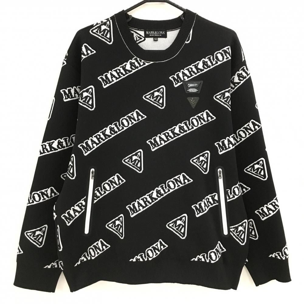 超美品】マークアンドロナ セーター 黒×白 ロゴ総柄 ニット メンズ 50
