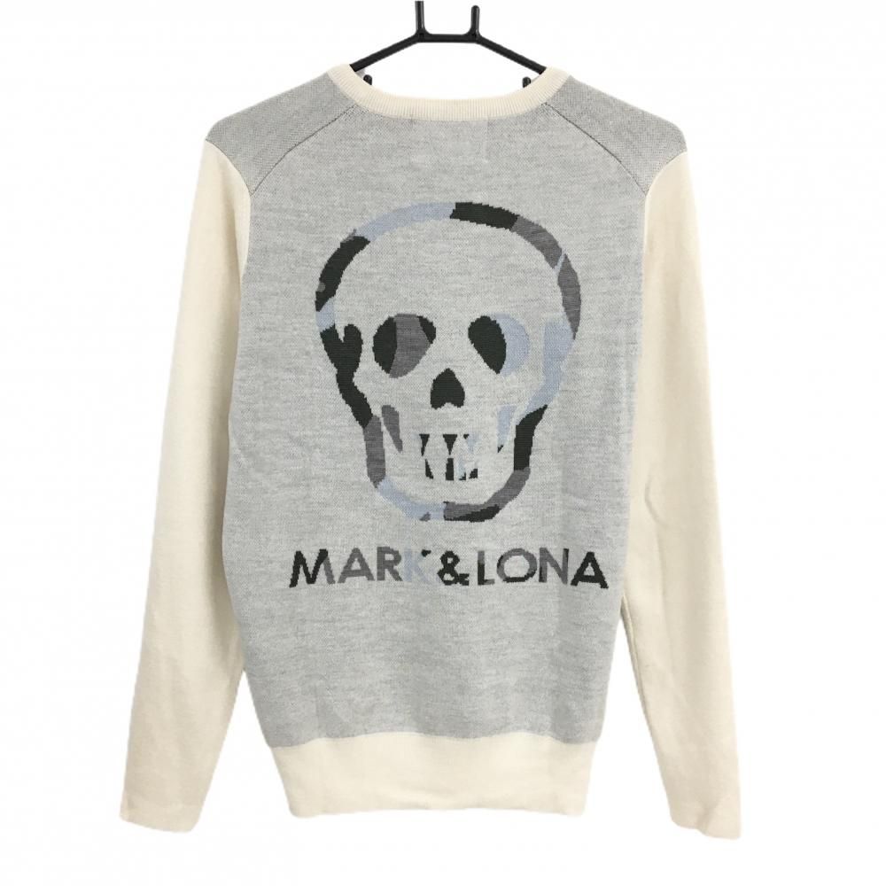 超 マークアンドロナ セーター 白×ダークグリーン 前上部星柄 スター ニット ウール混 メンズ M ゴルフウェア MARK＆LONA