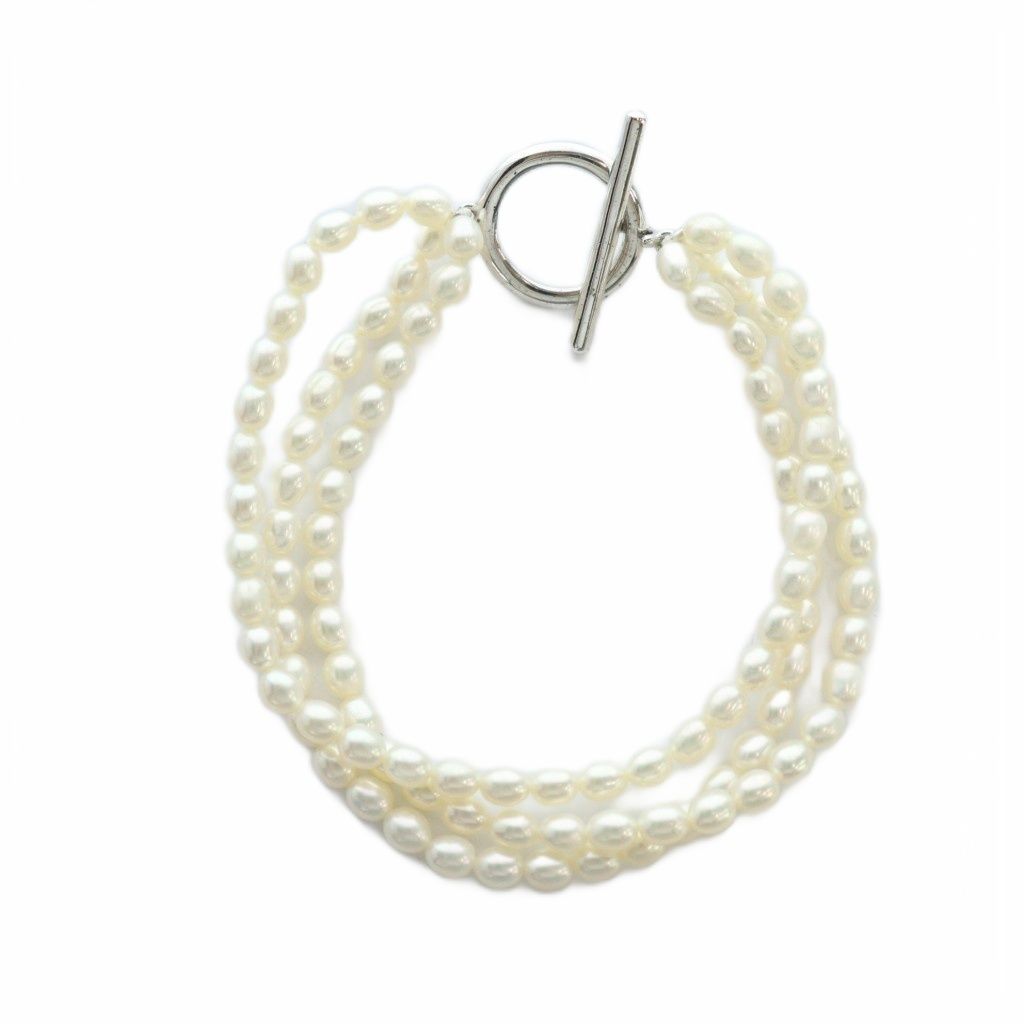 ノーブランド品 ブレスレット 淡水パール 真珠 3連 Silver 925 マンテル 白 ホワイト GY 18 MQ