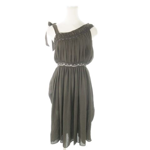 バレンシアガ BALENCIAGA シルクワンピース ひざ丈 ノースリーブ 絹 レース タック リボン 透け感 アシンメトリー 36 S 茶 ブラウン AO1 GY17