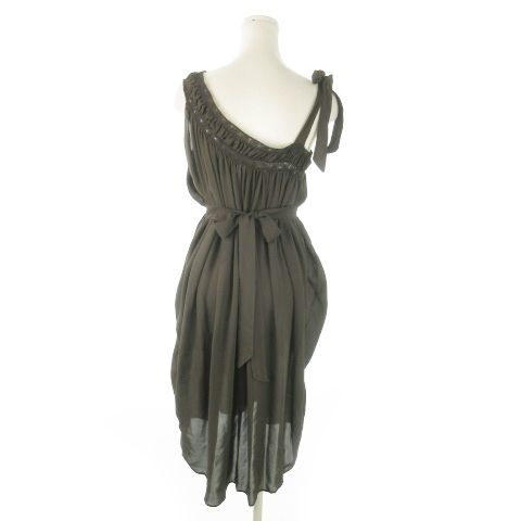 バレンシアガ シルクワンピース ひざ丈 ノースリーブ 絹 レース タック リボン 透け感 アシンメトリー 36 S 茶 ブラウン AO 1 GY 17