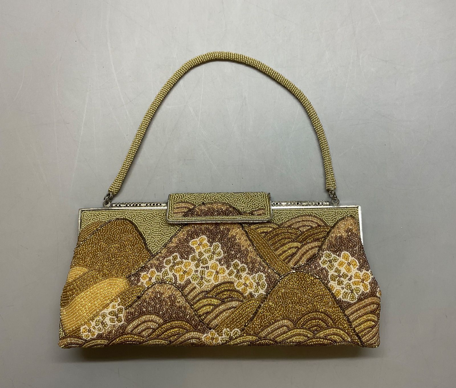 Bag 26 和装バック パーティーバッグ ハンドバッグ ビーズ細工 ブラウン 茶系 がま口 昭和レトロ