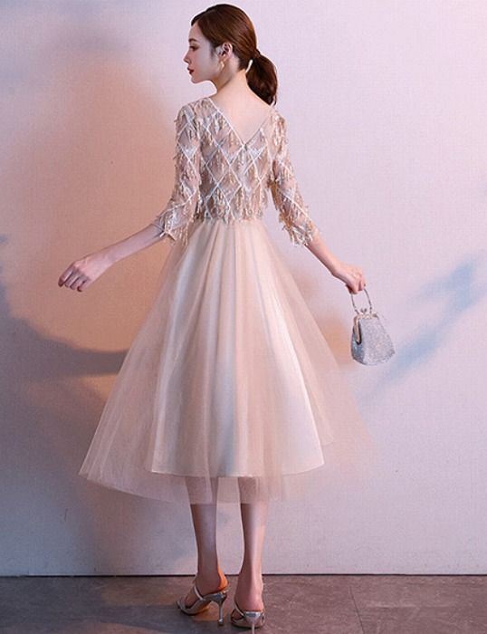 L シャンパン パーティードレス 大人 ピアノ 発表会 フォーマル 結婚式 ドレス ファスナータイプ ワンピース 大きいサイズ ミモレ丈 大人 上品 お呼ばれ 他と被らない da872ze