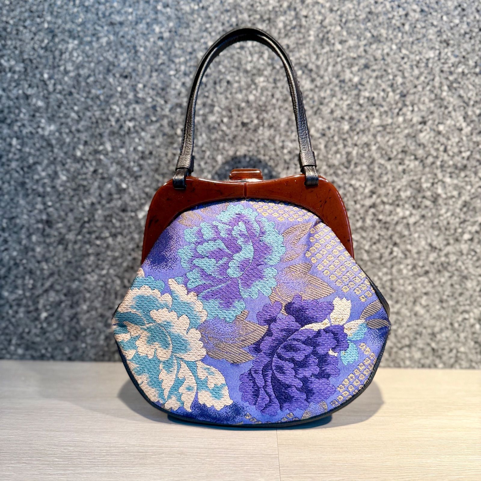 京都帯屋さん 正絹 べっ甲くし形 本皮取手バック KENZO帯地青花