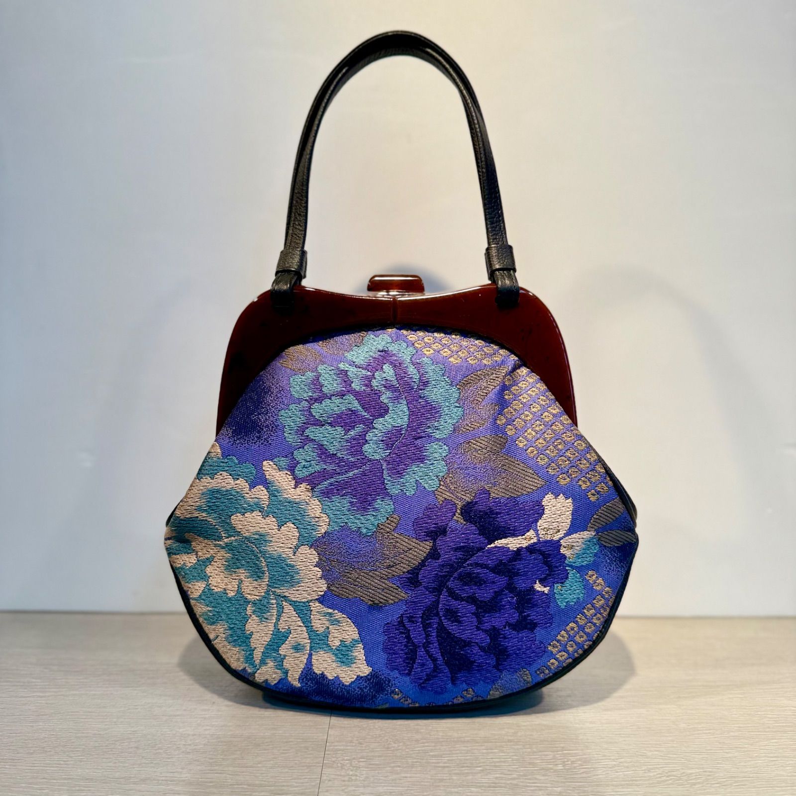 京都帯屋さん 正絹 べっ甲くし形 本皮取手バック KENZO帯地青花