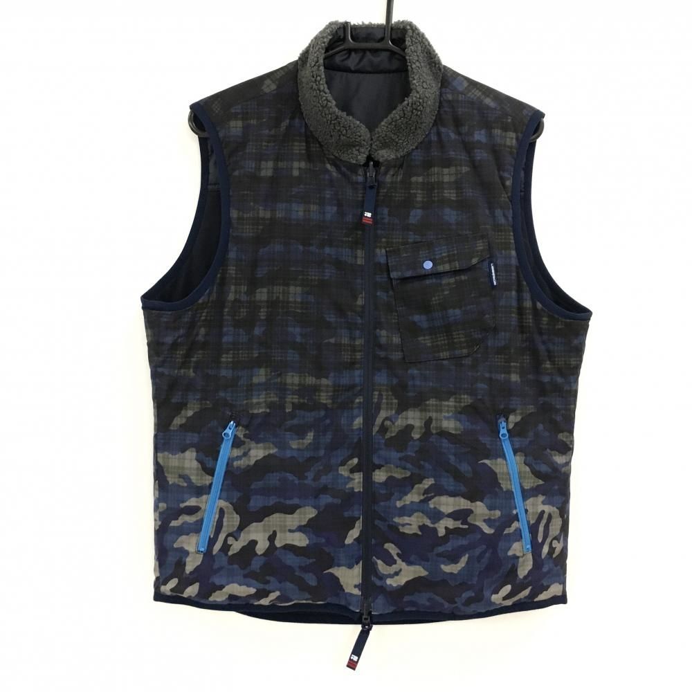超 ロサーセン 中綿リバーシブルベスト ネイビー×黒 迷彩 チェック カモフラ 裏無地 メンズ L ゴルフウェア Rosasen
