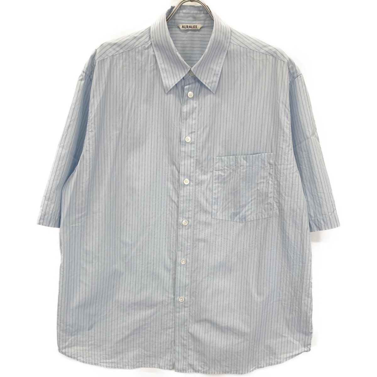 AURALEE オーラリー ﾌﾞﾙｰ SUVIN HIGH COUNT CLOTH ｽﾄﾗｲﾌﾟﾊｰﾌｽﾘｰﾌﾞｼｬﾂ 5