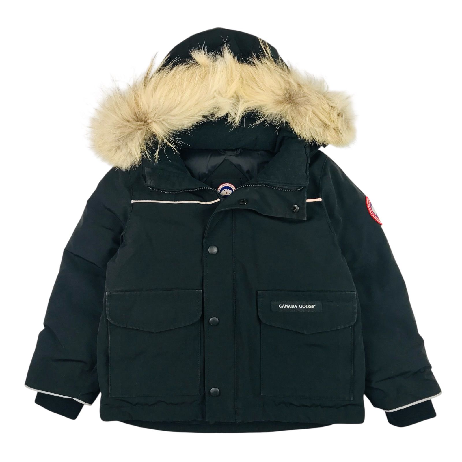 CANADA GOOSE カナダグース キッズ ブランドアイコンワッペン リアルファー フード付き ダブルジップボタン比翼仕立て ダウンジャケット 4-5 110㎝相当 チルドレン キッズダウンジャケット カジュアル 冬物 子供服 ブラック