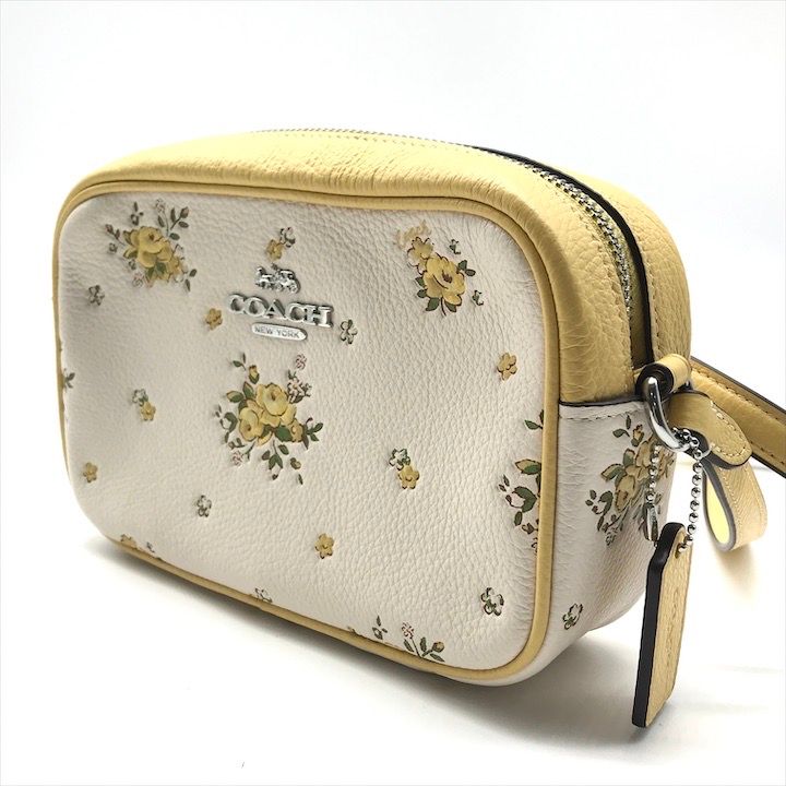 COACH コーチ フラワー ロゴ金具 レザー ショルダー カメラバッグ レディース ファッション小物 鞄 ホワイト イエロー r396