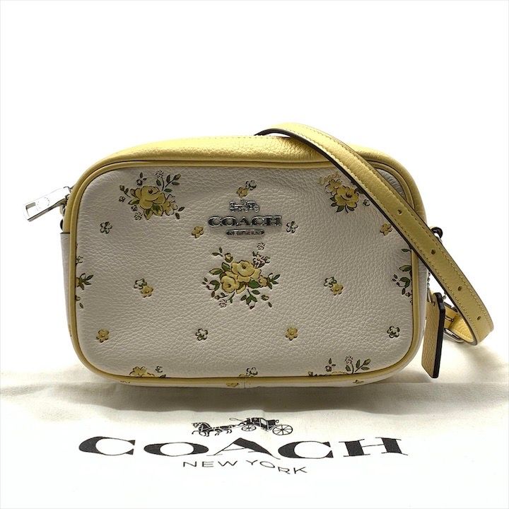COACH コーチ フラワー ロゴ金具 レザー ショルダー カメラバッグ レディース ファッション小物 鞄 ホワイト イエロー r396