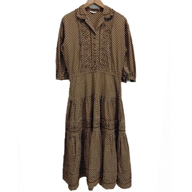 INGEBORG 七分袖ワンピース ロング丈 コットン フリル ティアード ギャザー ドット柄 水玉 総柄 P0221FA13 古着