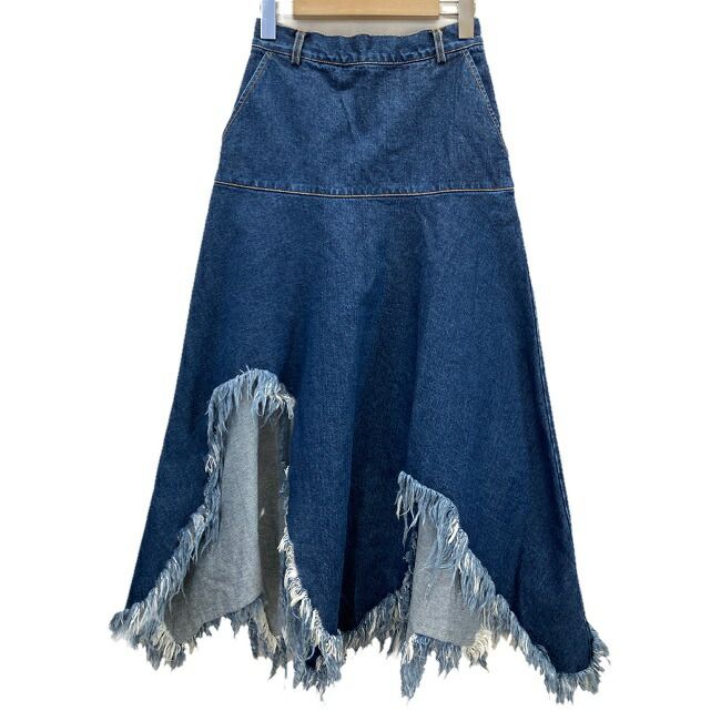 Ksenia Schnaider デニムスカート ロング丈 コットン 無地 フリンジ Aライン バックジップ 切りっぱなし 切替 変形 後下がり 古着