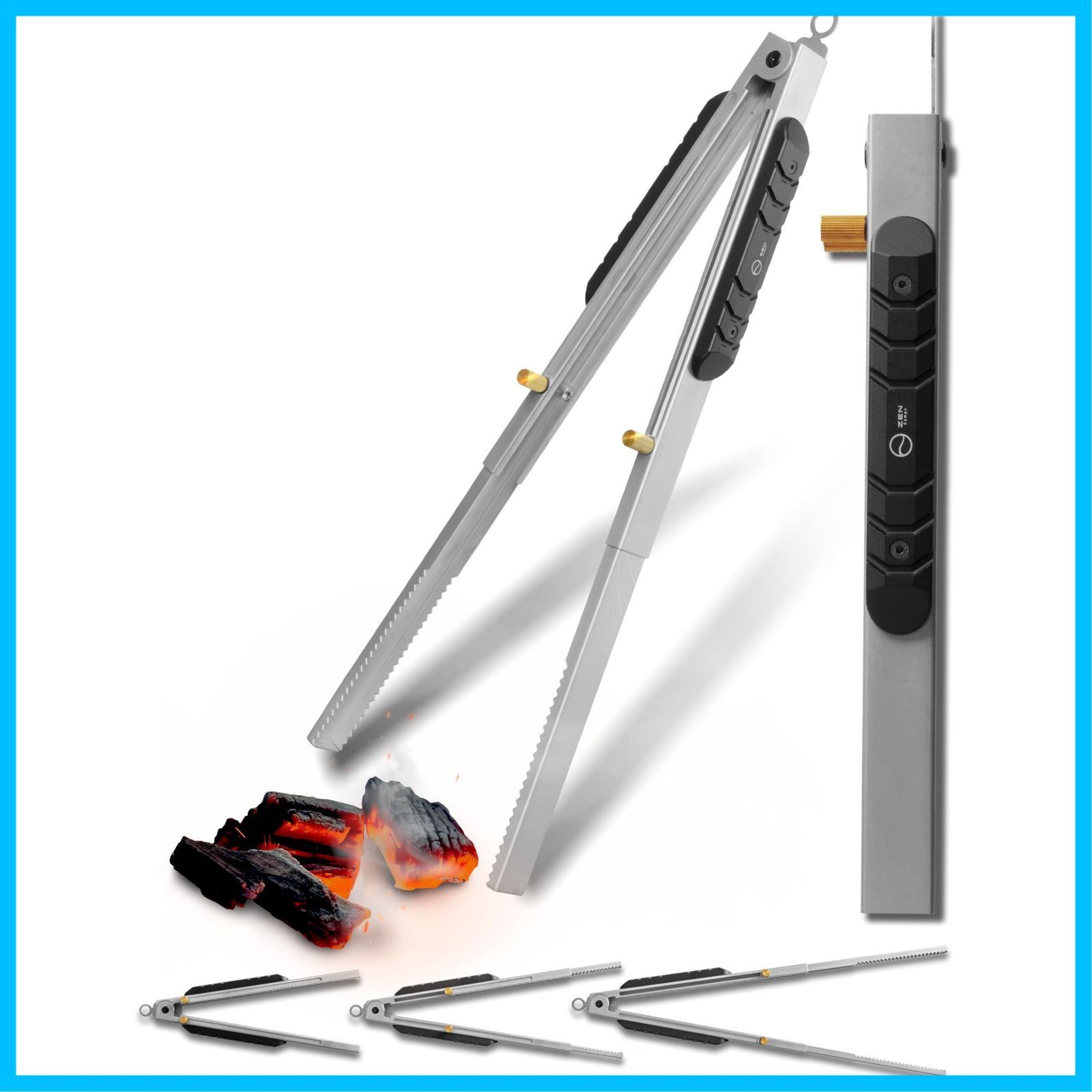 ステンレス製 バーベキュー キャンプ 焚き火 ストッパー付 アウトドア 伸縮式 トング 炭バサミ シルバー 薪バサミ 火バサミ Camps ZEN