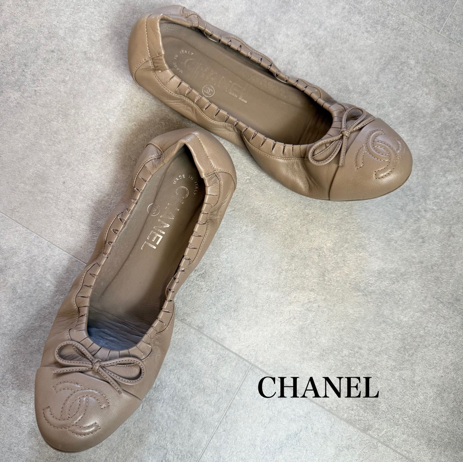美品 CHANEL シャネル ココマーク リボンバレエシューズ ベージュ 36.5