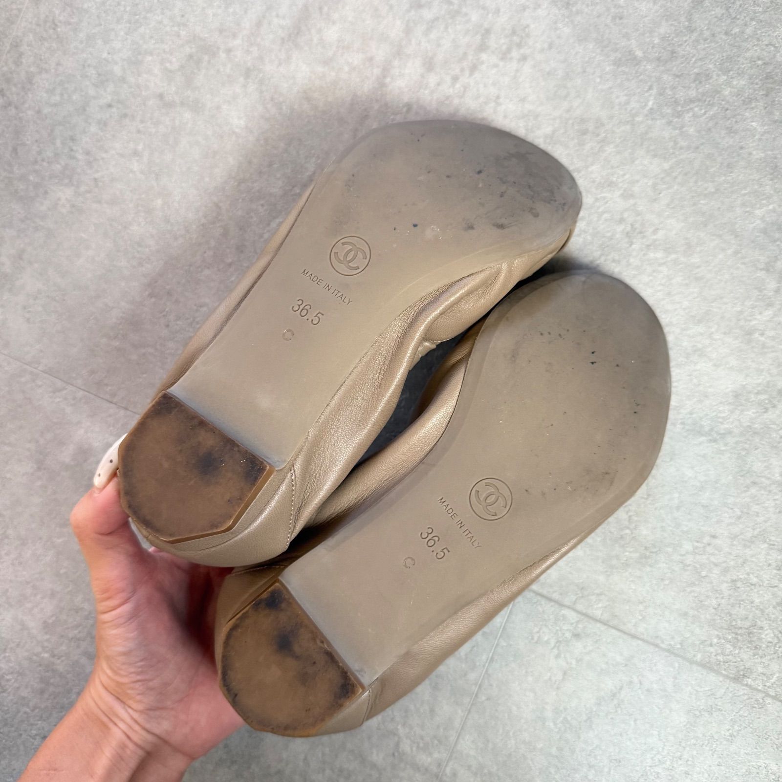 美品 CHANEL シャネル ココマーク リボンバレエシューズ ベージュ 36.5