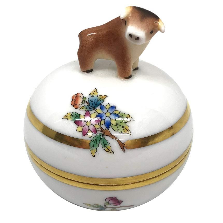 Herend ヘレンド ヴィクトリア ゴールド 干支小筺 うし マルボンボン 蓋つきケース 小物入れ ボンボントレイ aq12214