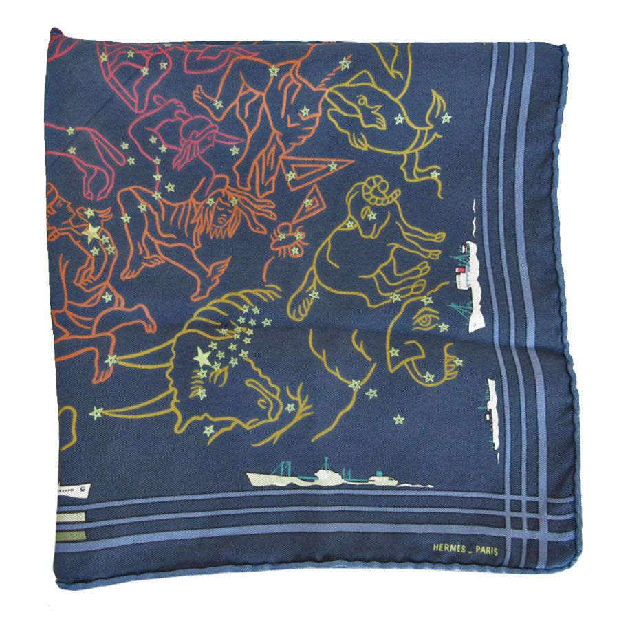 美品 エルメス カレ 70 ピケ・セリエ ネイビー ヴィンテージ シルク