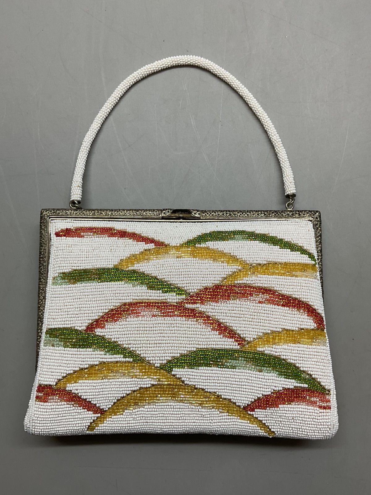 Bag 27 和装バック パーティーバッグ ハンドバッグ ビーズ細工 白 ホワイト がま口 昭和レトロ