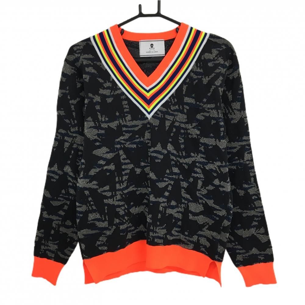 マークアンドロナ セーター 黒×グレー 総柄編み ニット ラメ糸 Vネック メンズ M ゴルフウェア MARK&LONA