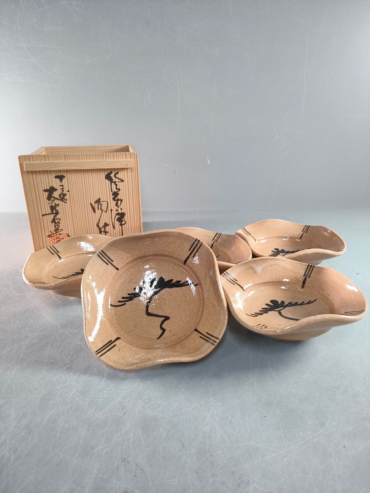 S16-1/唐津焼/十三代中里太郎右衛門窯/絵唐津向付5客/共箱/飾鉢/懐石