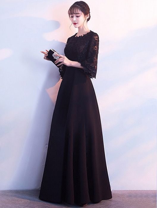 2L XL ブラック パーティードレス 演奏会 韓国 ロング丈 ナイトドレス ファスナータイプ 大きいサイズ 舞踏会 披露宴 司会者 20代 30代 レース 成人式 da741ze