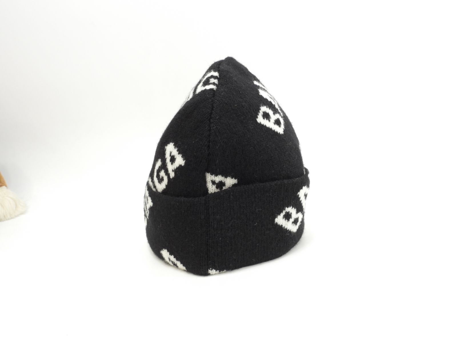 バレンシアガ ニットキャップ 白ロゴ ウール98 黒 ヘッドウォーマー ニット帽 1