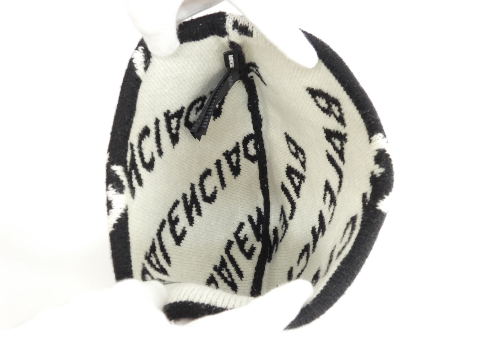  バレンシアガ ニットキャップ 白ロゴ ウール98 黒 ヘッドウォーマー ニット帽 1 ニット帽 ビーニー 帽子