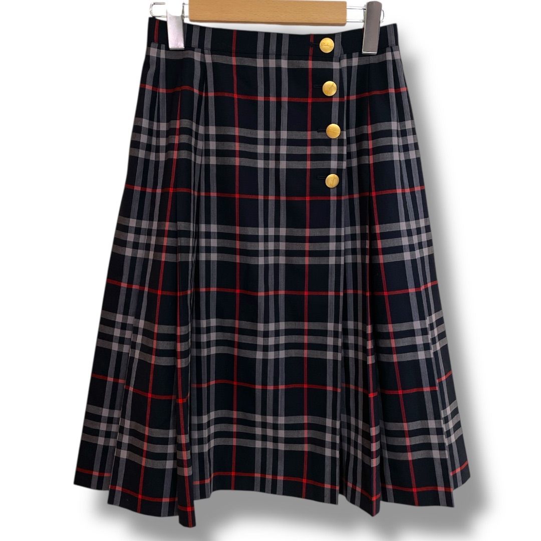 BURBERRYS バーバリーズ ノバチェックウールプリーツスカート Aライン 90sヴィンテージ 金ボタン トラッド プレッピー チェック柄 ネイビー Mサイズ レディース 秋 冬 ゴーゴー古着セントラルパーク名古屋店No.1465Y