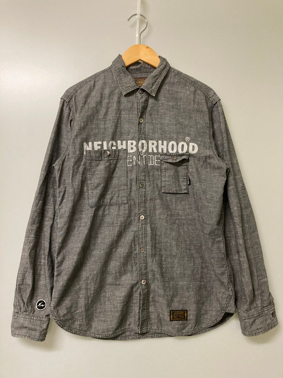 品 NEIGHBORHOOD ネイバーフッド × FRAGMENT フラグメント 112ARFRN-SHM01S ロゴプリント ネップ コットン LS シャツ ロングスリーブ 142-251114-AS-11-min
