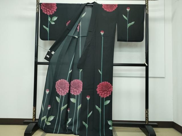 平和屋着物 上 夏物 撫松庵 訪問着 セオアルファ 草花文 黒地 洗える着物 s 5