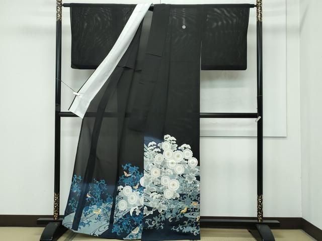 平和屋着物■希少　夏物　黒留袖　花蝶唐草文　暈し染め　銀彩　逸品　CZAA4265s5 平和屋着物□希少 夏物 黒留袖 花蝶唐草文 暈し染め 銀