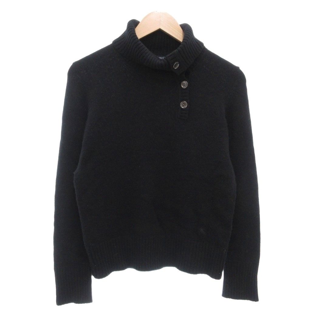 バーバリー ロンドン BURBERRY LONDON ニット セーター カシミヤ混 2 長袖 タートルネック ロゴ刺繍 ボタン リブ 黒 ブラック AE GY17