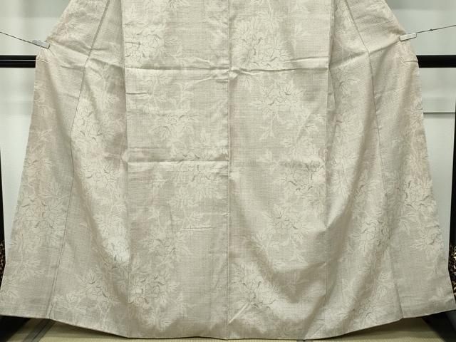 平和屋着物□極上 本場結城紬 重要無形文化財 80亀甲 牡丹 白橡色地