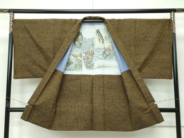 平和屋着物□極上 男性 紬・髭紬羽織セット 色無地 鶯茶色 逸品  