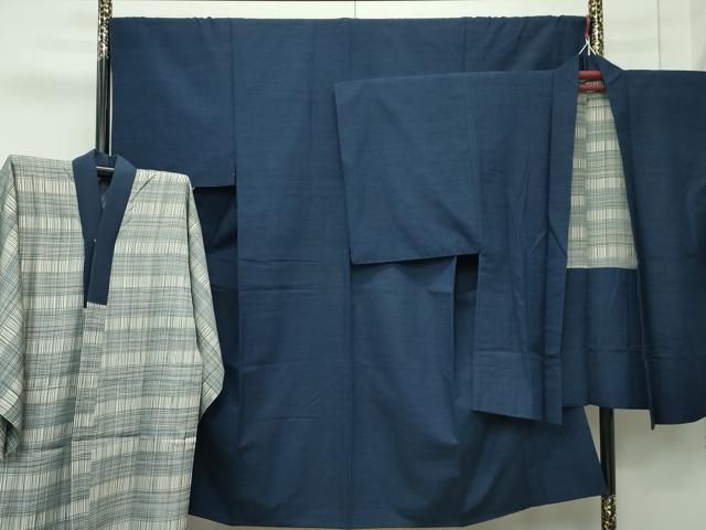 平和屋着物 上 男性 紬 アンサンブル 長襦袢セット 色無地 濃紺地 CZAA4329s5