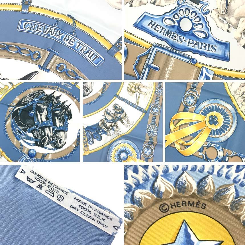  HERMES エルメス カレ90 スカーフ CHEVAUX DE TRAIT 輓馬 ブルー aq 11585 バンダナ スカーフ 小物
