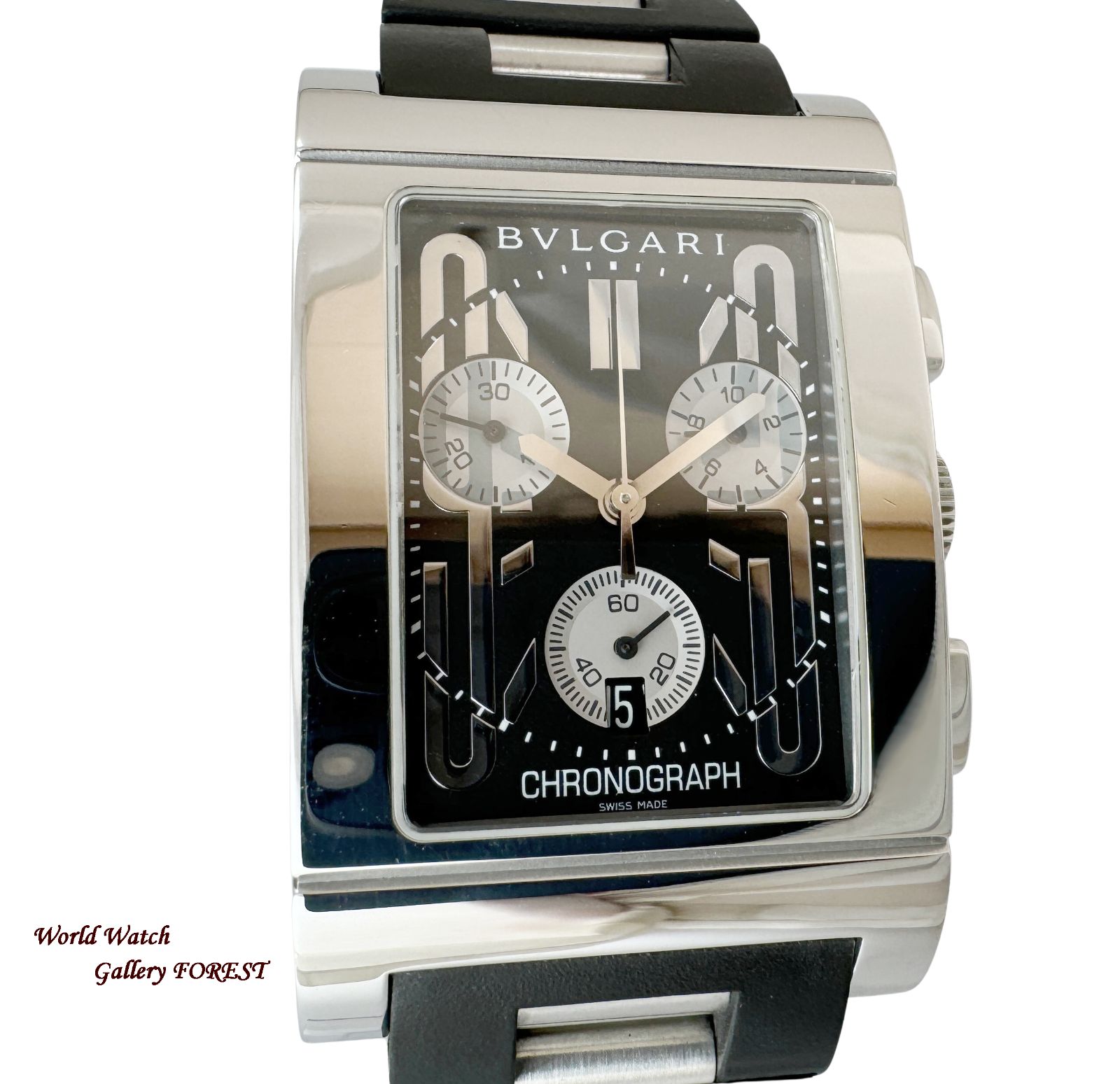 ブルガリ BVLGARI レッタンゴロ RTC49S クロノグラフ メンズ腕時計 クオーツ 黒文字盤 SS × ラバー 外装仕上げ Aランク