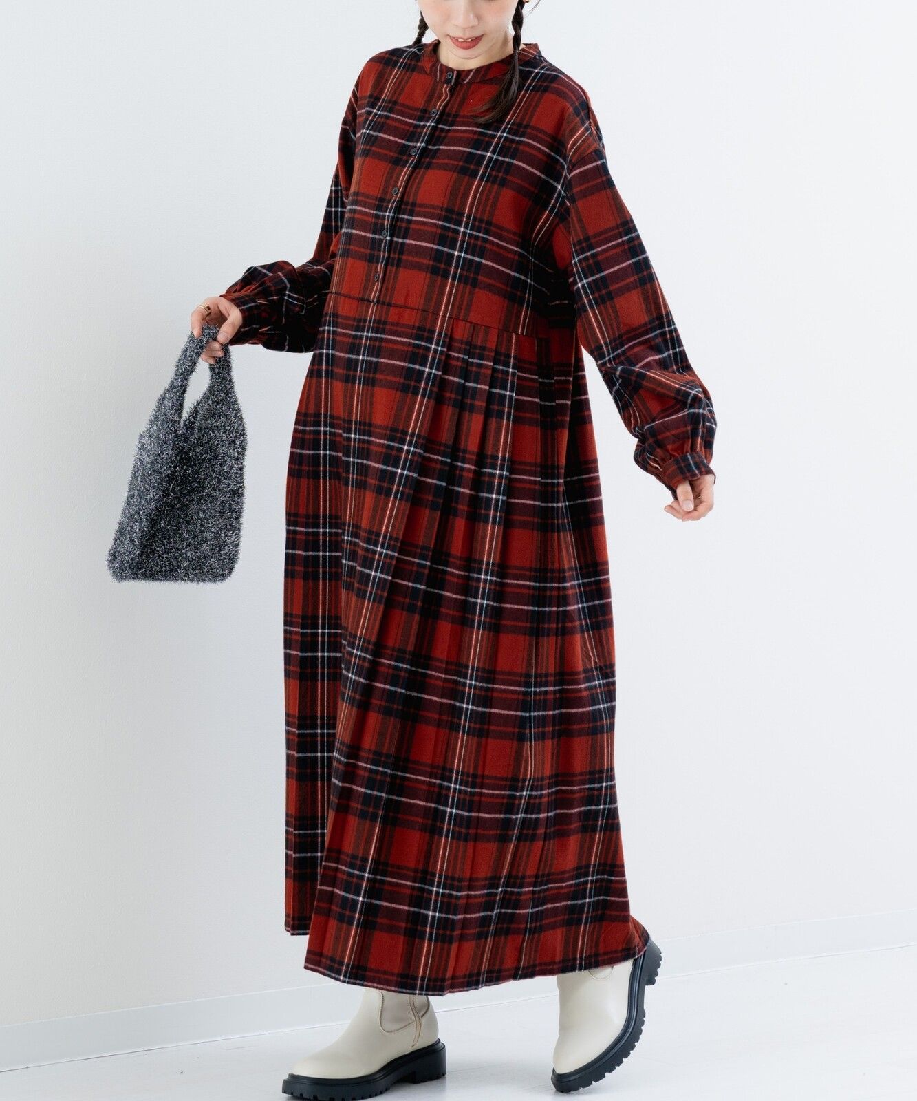  起毛チェック柄プリーツワンピース チェック ワンピース プリーツ 長袖 七分袖 シャツワンピース