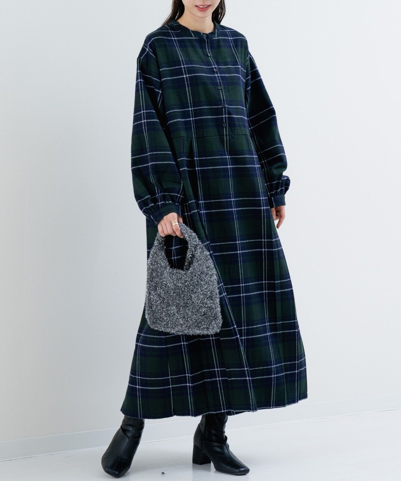 起毛チェック柄プリーツワンピース