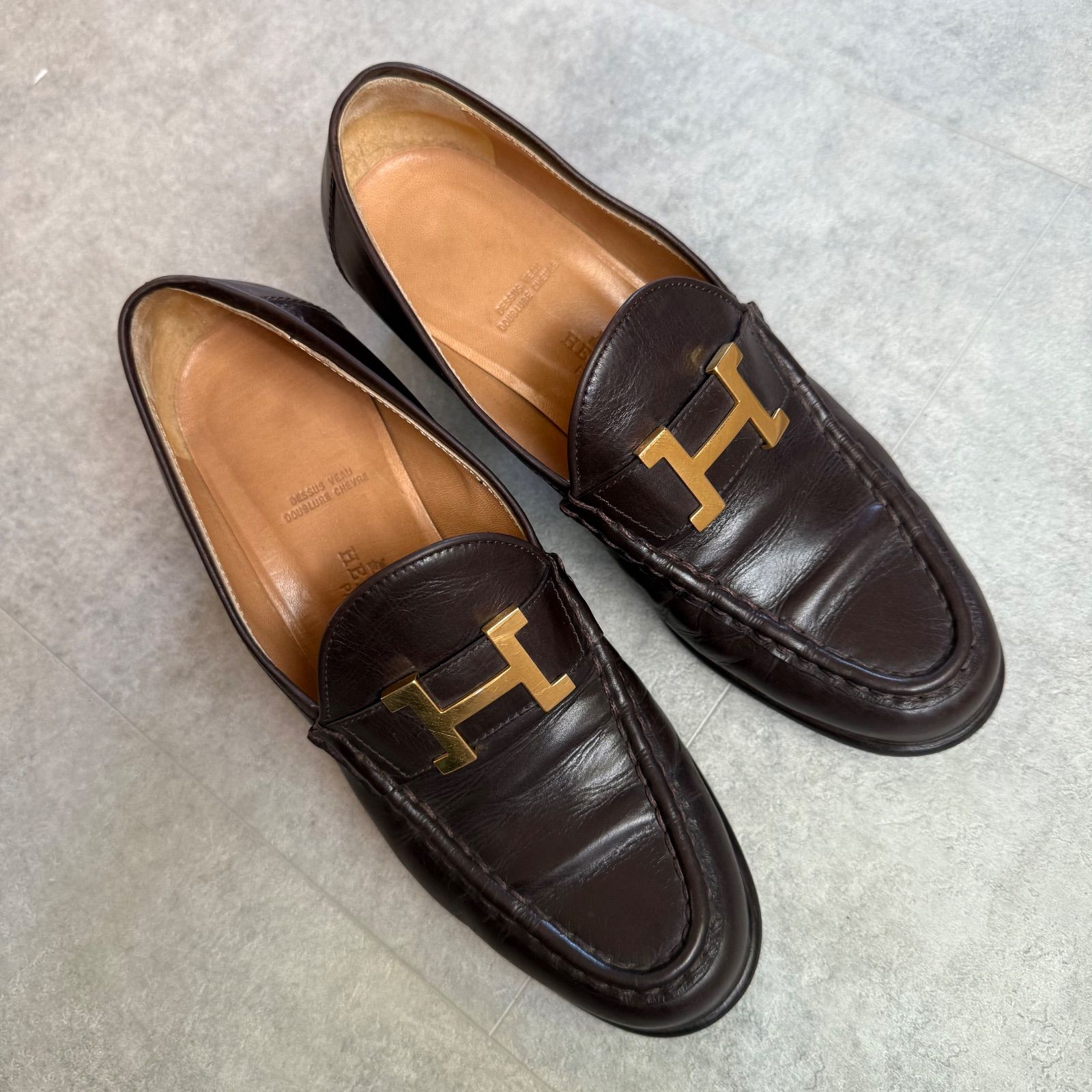 HERMES エルメス ローファー Hロゴ 革靴 コンスタンス レザー ブラウン