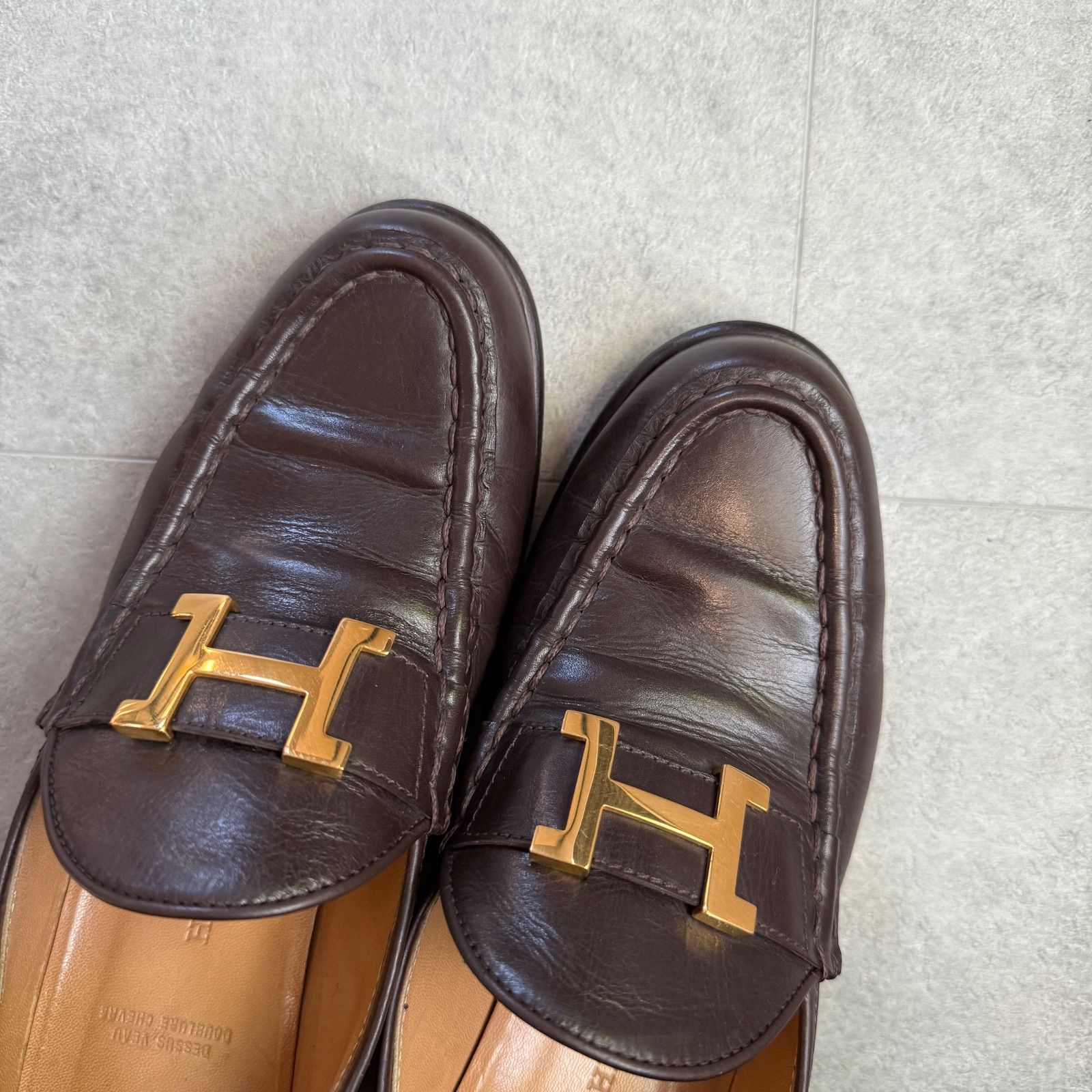 HERMES エルメス ローファー Hロゴ 革靴 コンスタンス レザー ブラウン